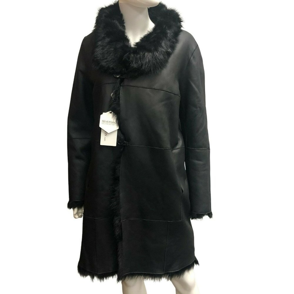 Intuition Paris Melisse Sheepskin Black Leather Fur Reversible Coat Size T402New